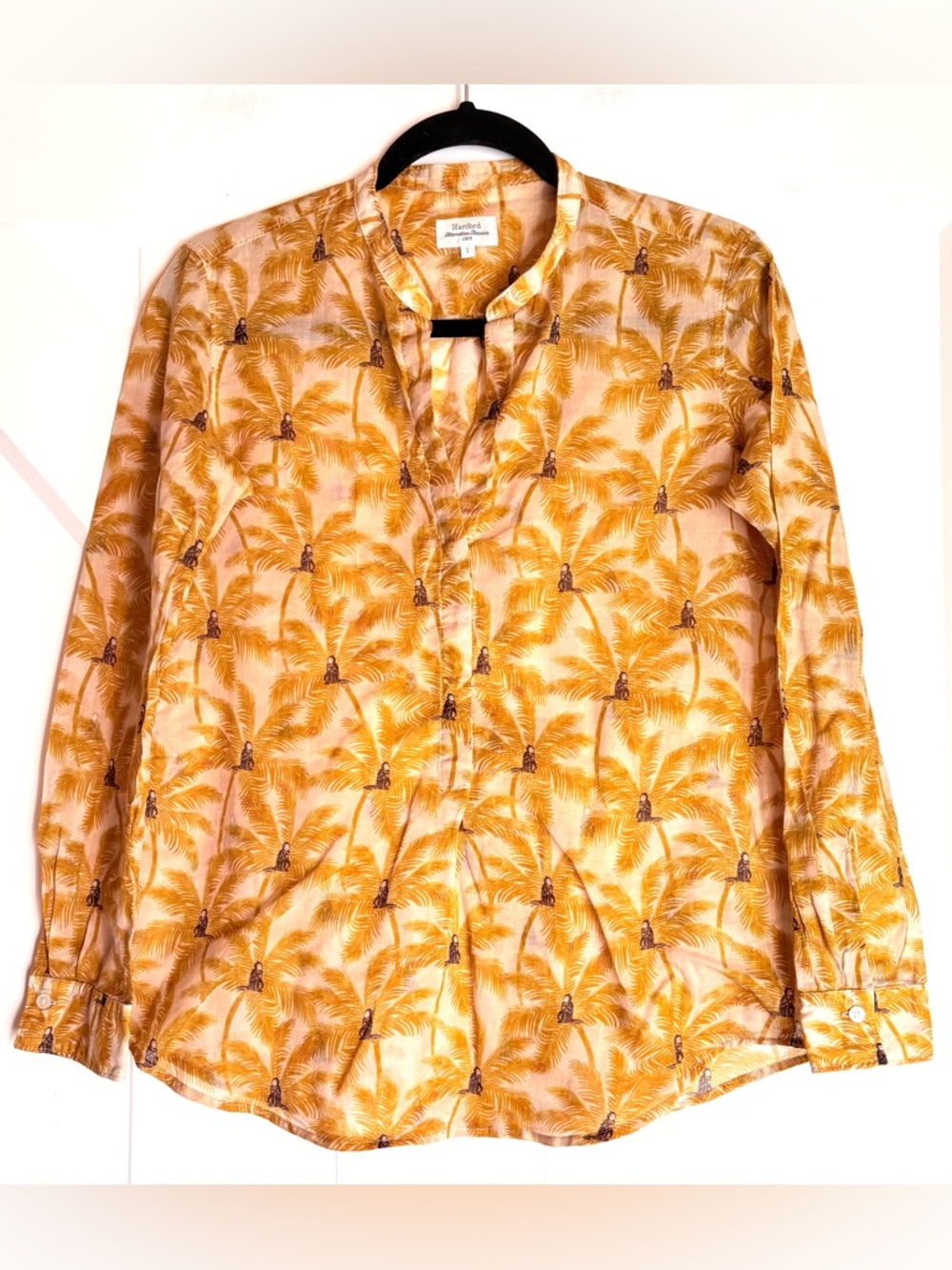 Hartford Monkey Palm Print Blouse Tropical Yellow Split Neck Cotton Size S